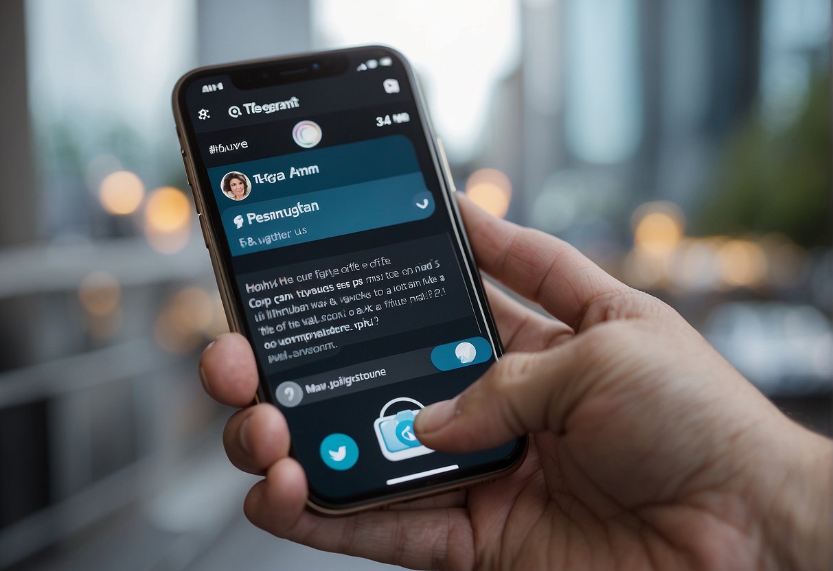 A hand holds a smartphone with the Telegram app open, showing a chat conversation. The screen displays the Telegram logo and message bubbles