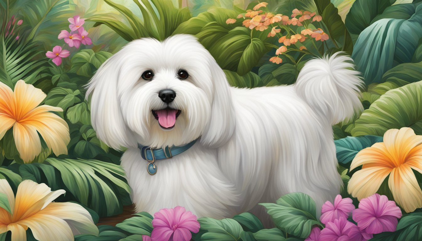 A Coton de Tulear sits in a lush garden in Singapore, surrounded by vibrant flowers and tropical foliage