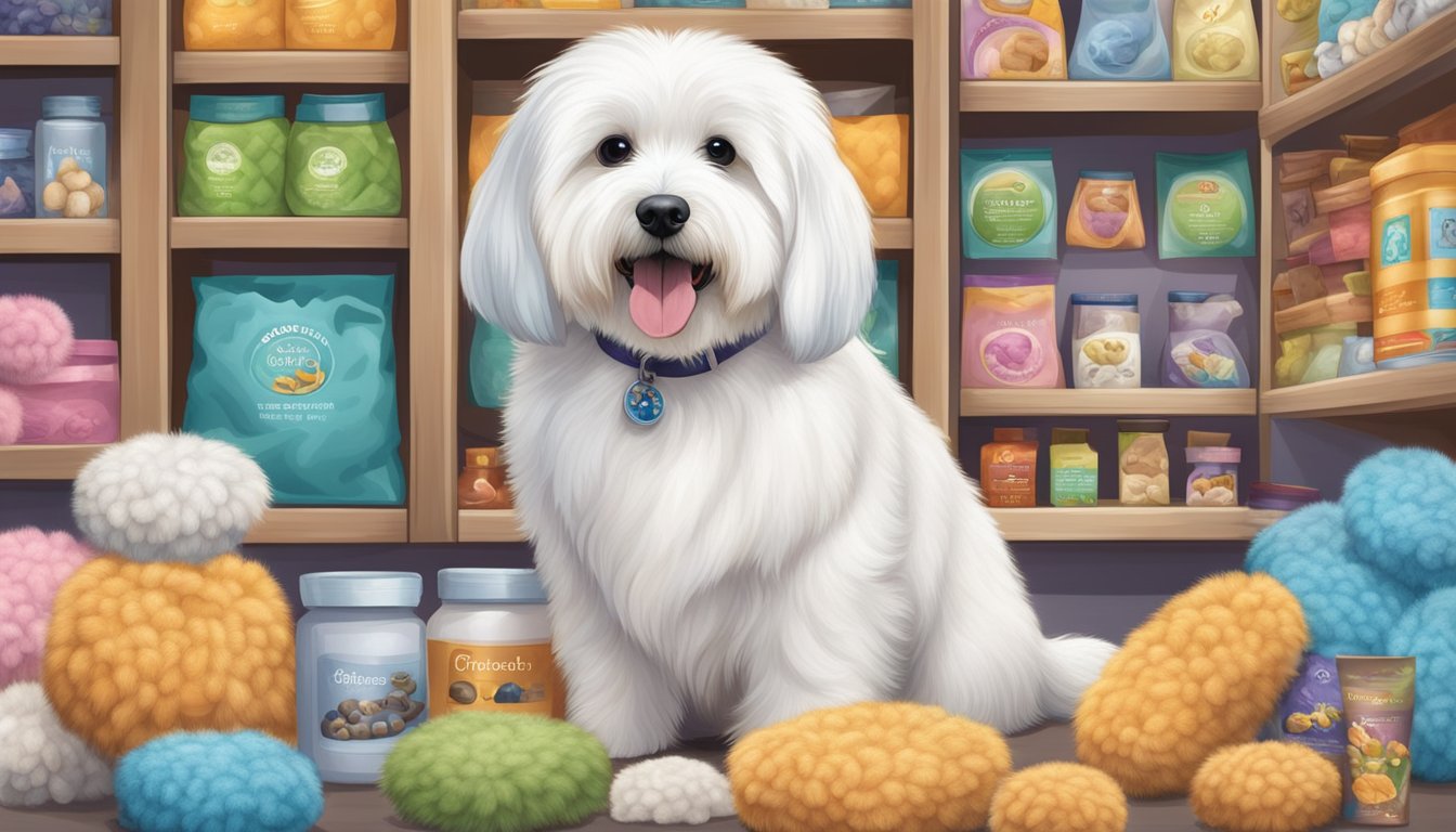 A Coton de Tulear surrounded by pet care products in a Singapore pet store