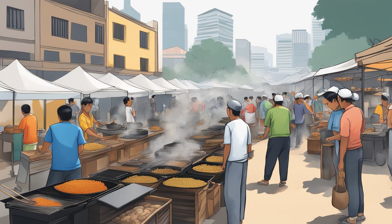 A bustling marketplace with vendors selling traditional charcoal stoves in Singapore. Customers haggling over prices, smoke rising from the cooking demonstrations