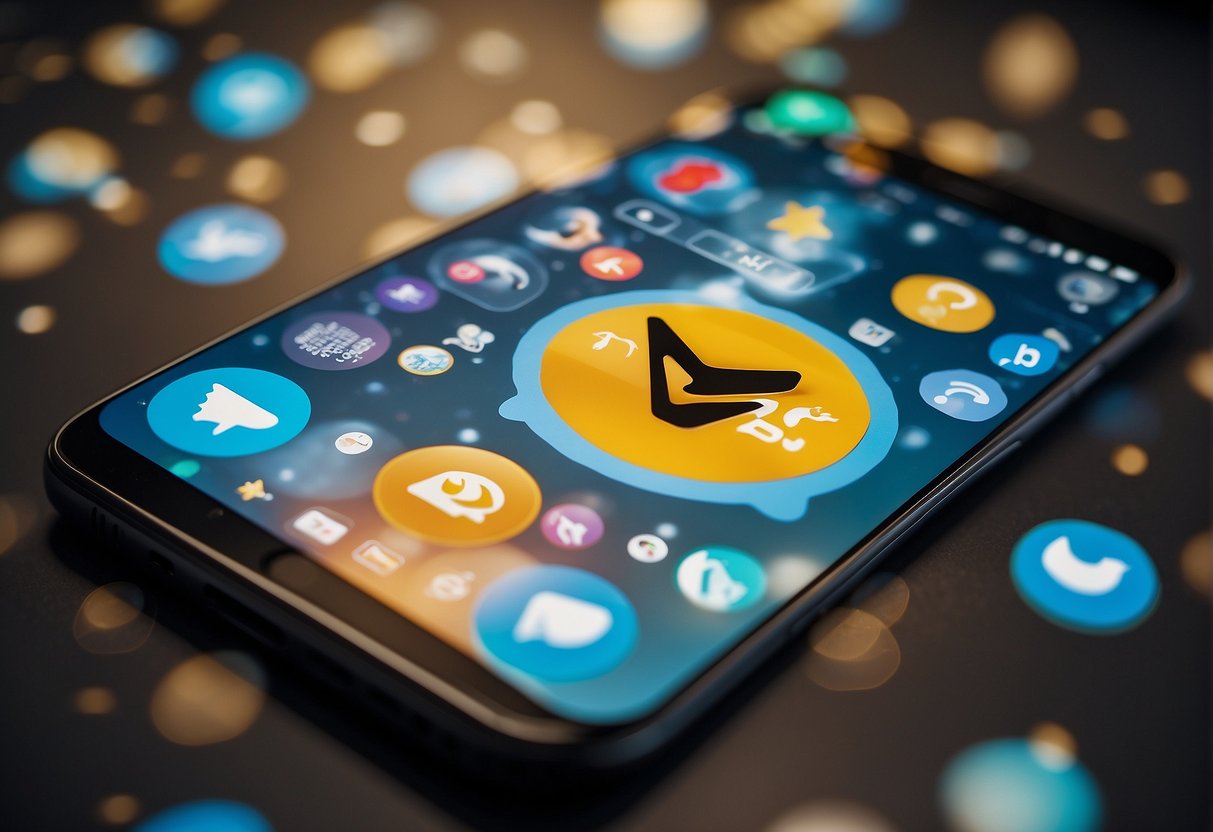 Ponsel cerdas yang menampilkan aplikasi Telegram dengan antarmuka obrolan, obrolan grup, dan saluran, dikelilingi oleh gelembung ucapan dan emoji
