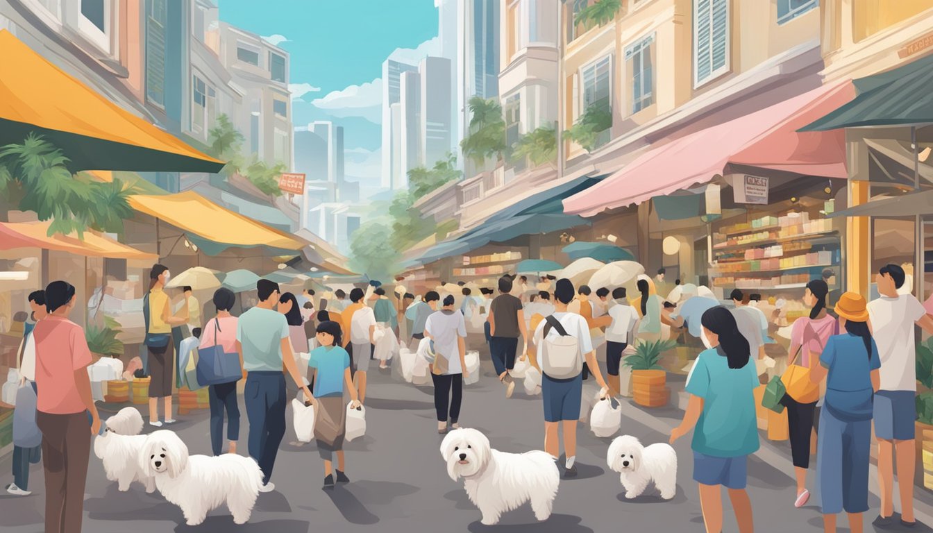 A busy marketplace with a sign "Coton de Tulear for sale" in Singapore, with people asking questions to the seller