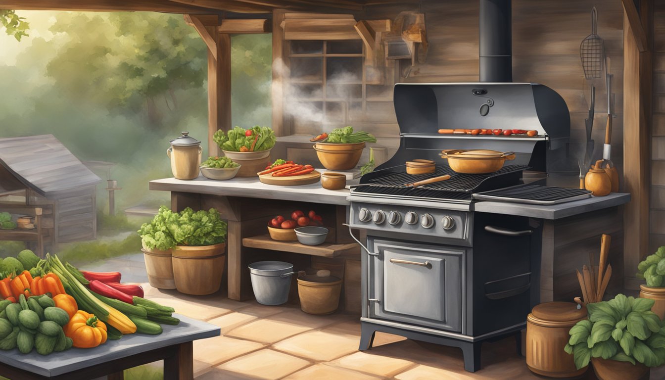 A traditional charcoal stove sits on a rustic outdoor kitchen counter, surrounded by fresh produce and cooking utensils. Smoke rises from the grill, adding a rustic charm to the scene