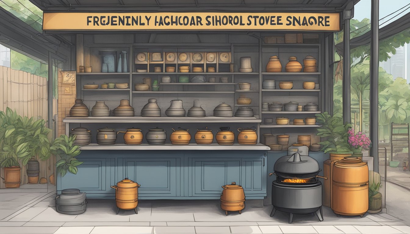 A store in Singapore displays traditional charcoal stoves, with a sign reading "Frequently Asked Questions: where to buy traditional charcoal stove in Singapore."