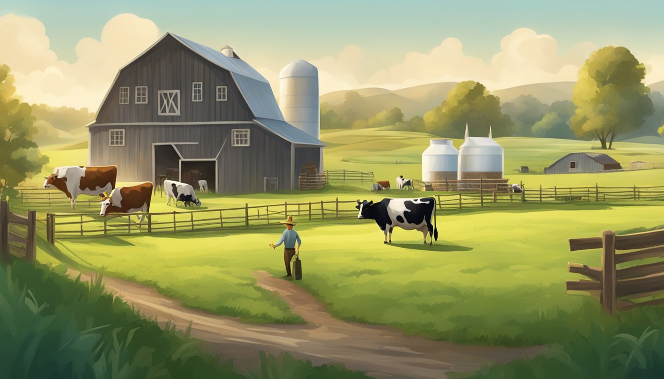 A rustic farm setting with cows grazing in lush green fields, a small dairy barn in the background, and a farmer pouring fresh raw milk into glass bottles