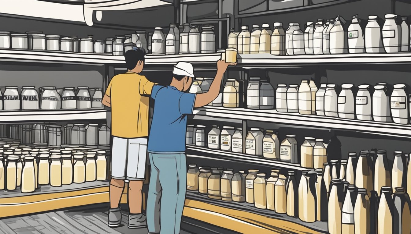 A customer selects raw milk from a display at a local market in Singapore. The milk is stored in a refrigerated section to maintain freshness
