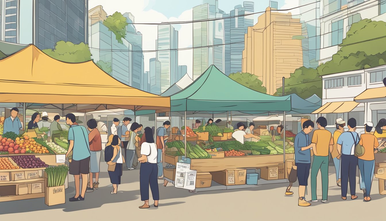 A bustling farmers' market with a sign reading "Raw Milk for Sale" in Singapore. Customers chat with vendors and browse fresh produce