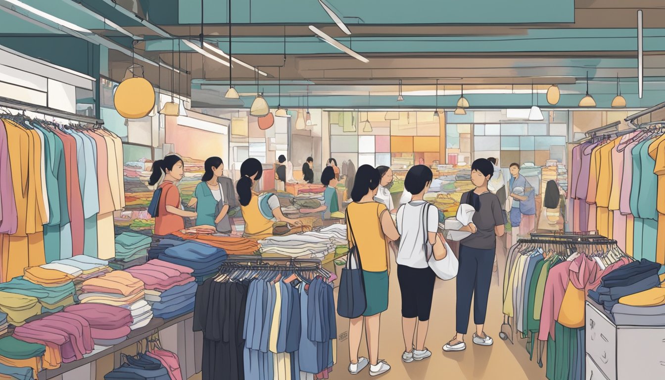 A bustling market stall displays racks of affordable maternity clothes in Singapore. Shoppers browse through the colorful selection, while a friendly vendor assists a customer