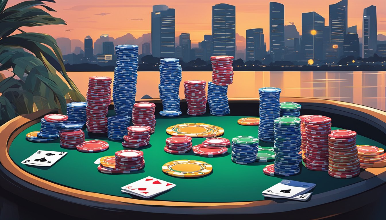 A table covered in various poker chip sets, with cards and a dealer button, set against a backdrop of a Singaporean skyline