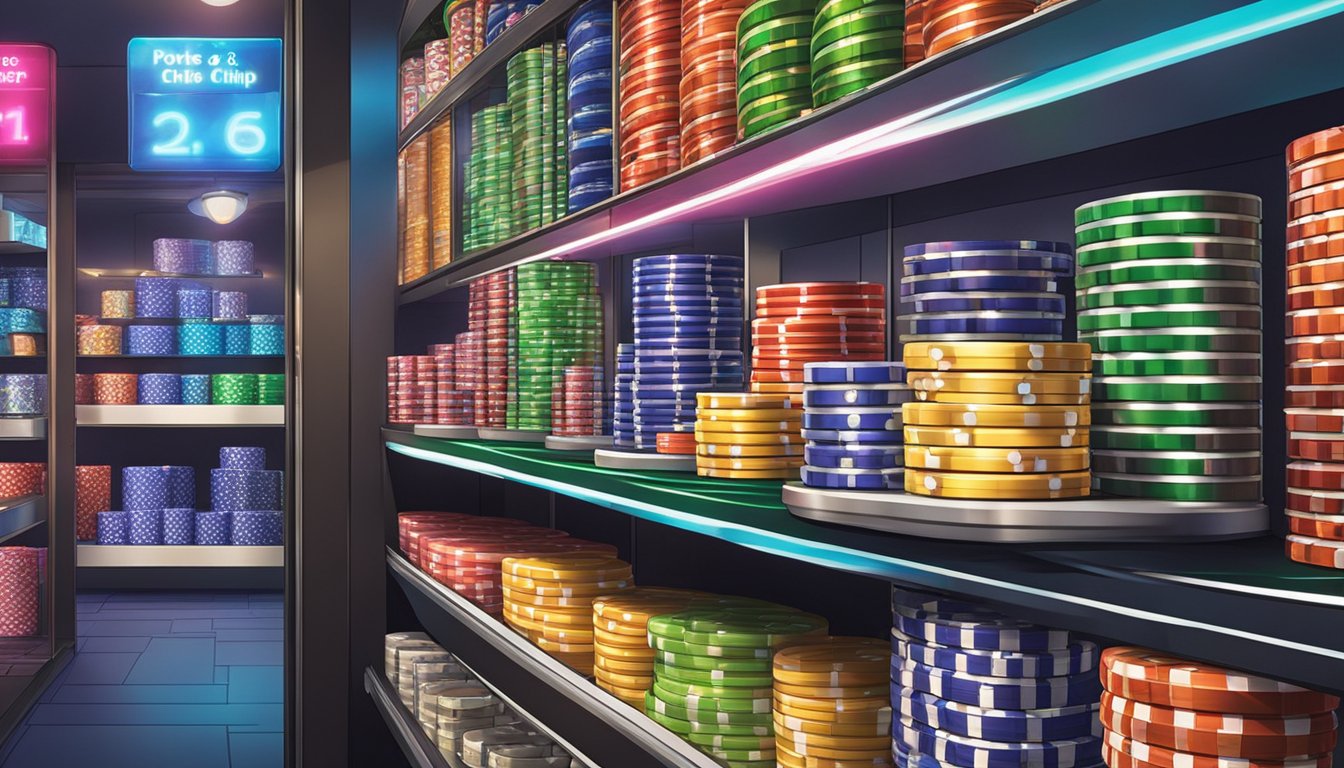 A display of various poker chips in a store in Singapore. Shelves filled with different colors and designs. Bright lighting and clear signage