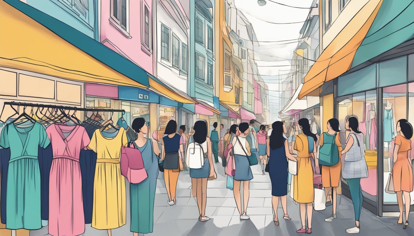 A bustling street in Singapore with colorful storefronts showcasing affordable maternity wear. Mannequins display stylish outfits while shoppers browse racks of clothing