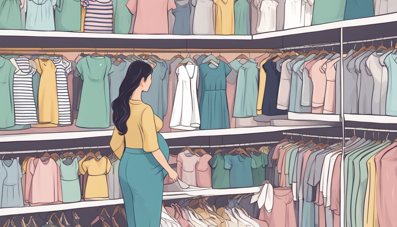 A pregnant woman browsing racks of discounted maternity clothes at a budget-friendly store in Singapore