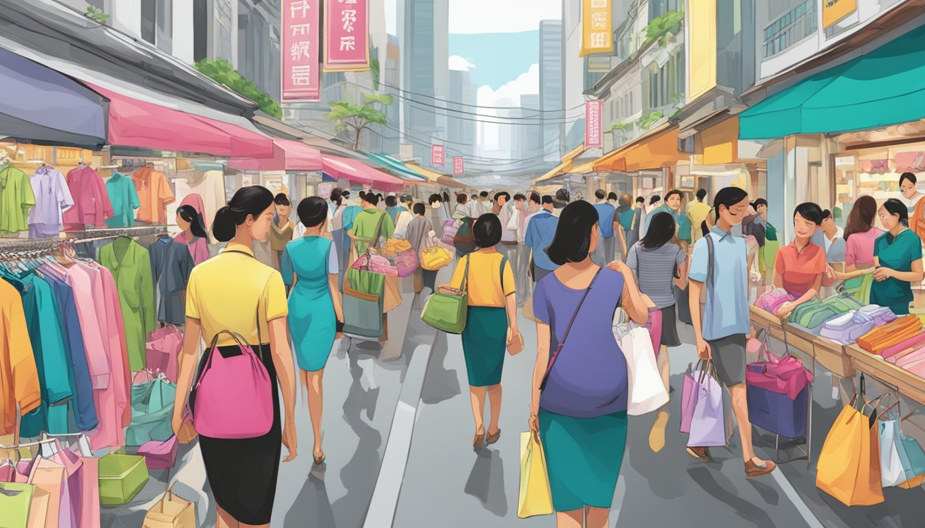 A bustling market street in Singapore, with colorful signs advertising "cheap maternity clothes" and shoppers browsing through racks of clothing