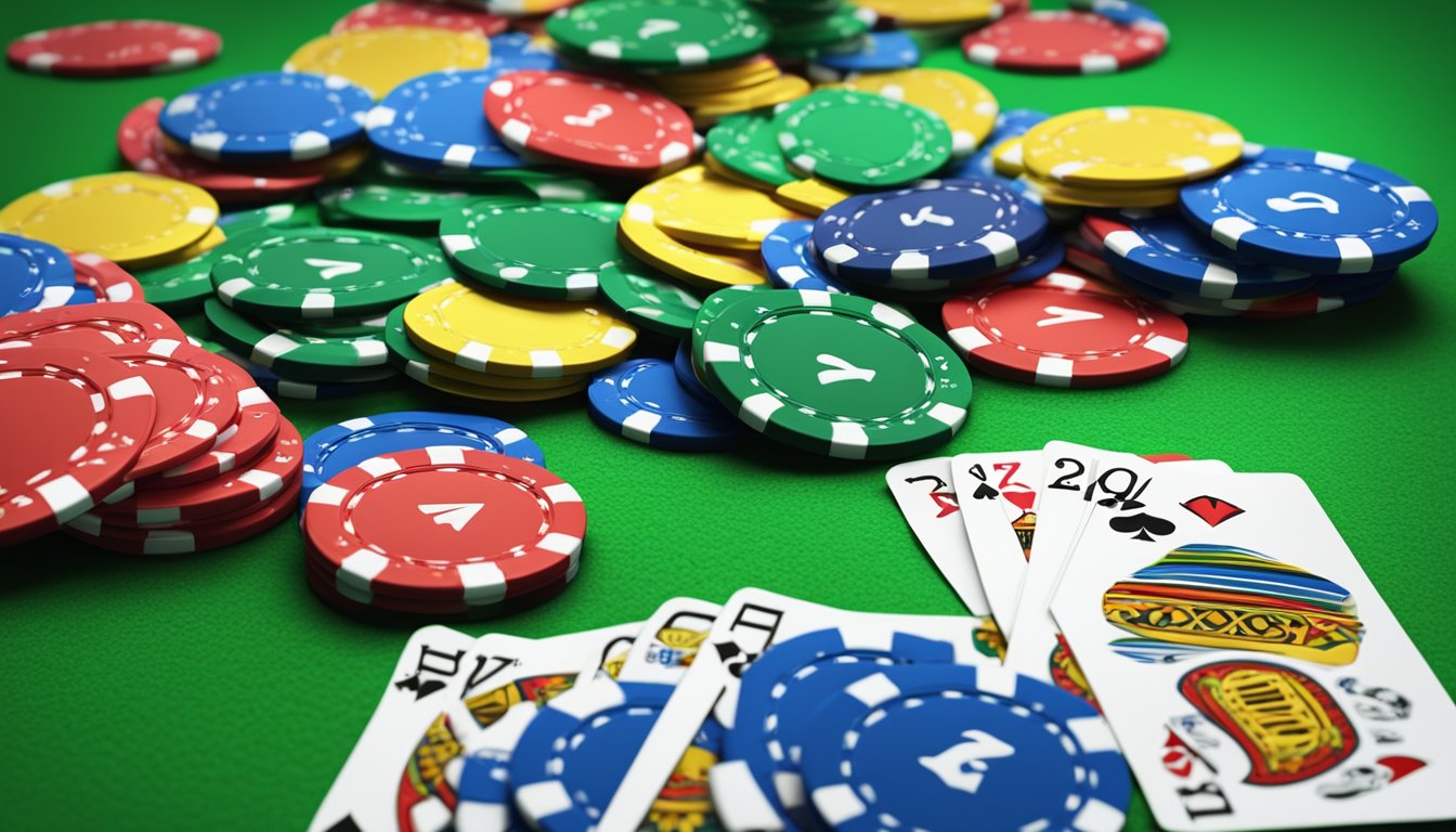 A stack of colorful poker chips arranged on a green felt table, with the words "Frequently Asked Questions" displayed prominently in the background