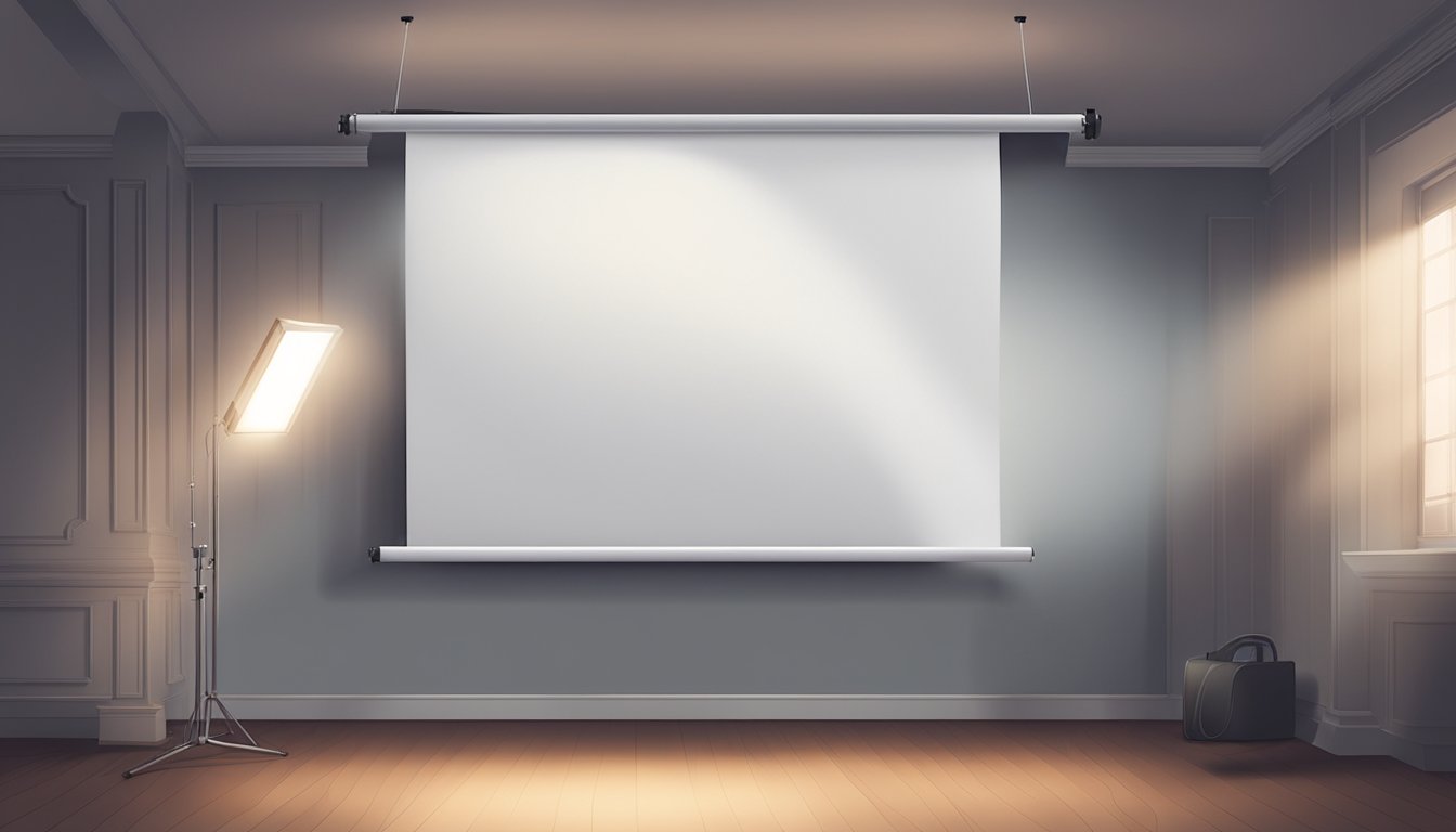 A hand unrolls a white projector screen in a dimly lit room. The screen hangs taut, ready for use
