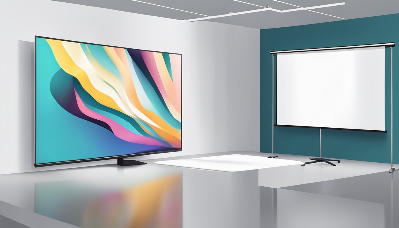 A hand reaches for a sleek, white projector screen on a display stand in a well-lit showroom