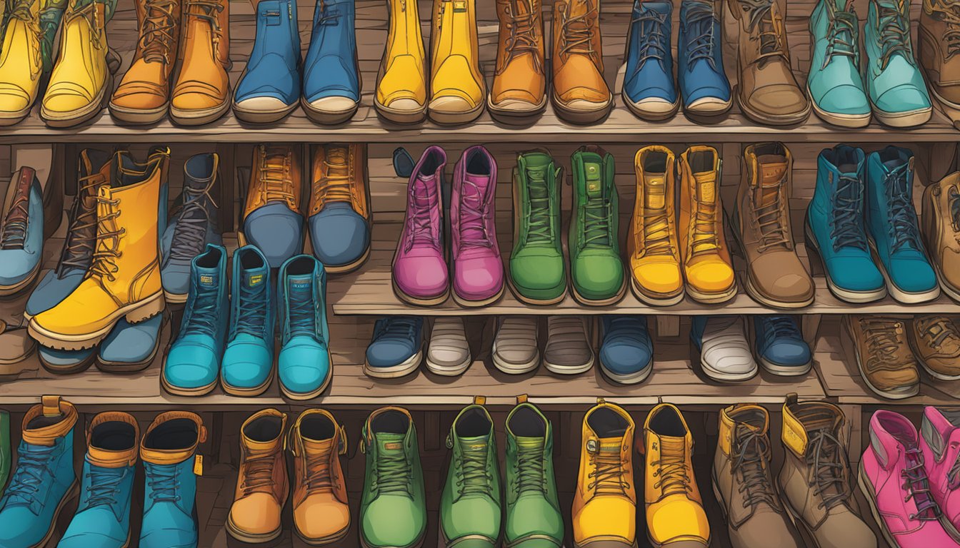 A bustling street market in Singapore showcases a display of Caterpillar footwear, with colorful and rugged boots, shoes, and sandals lined up for sale