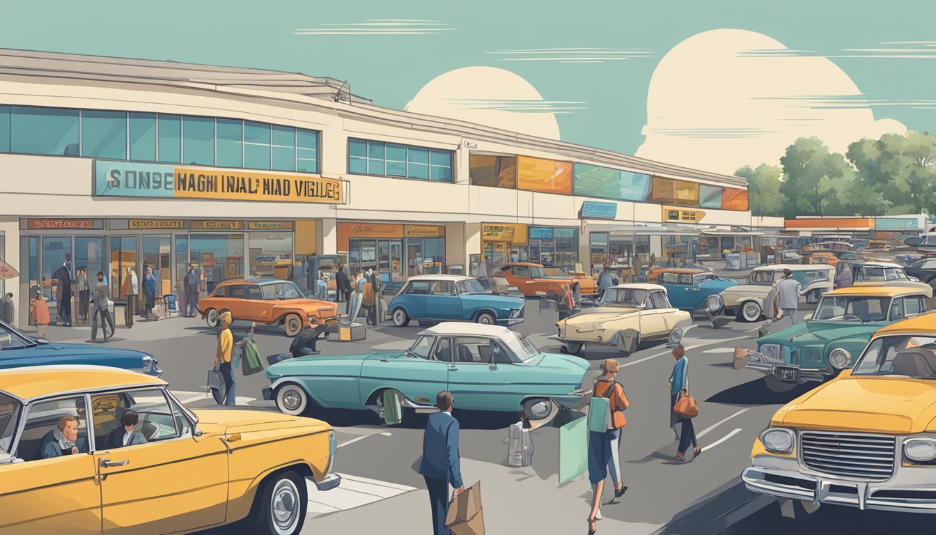 A bustling street lined with car dealerships, signs advertising second-hand vehicles, and customers browsing through the selection