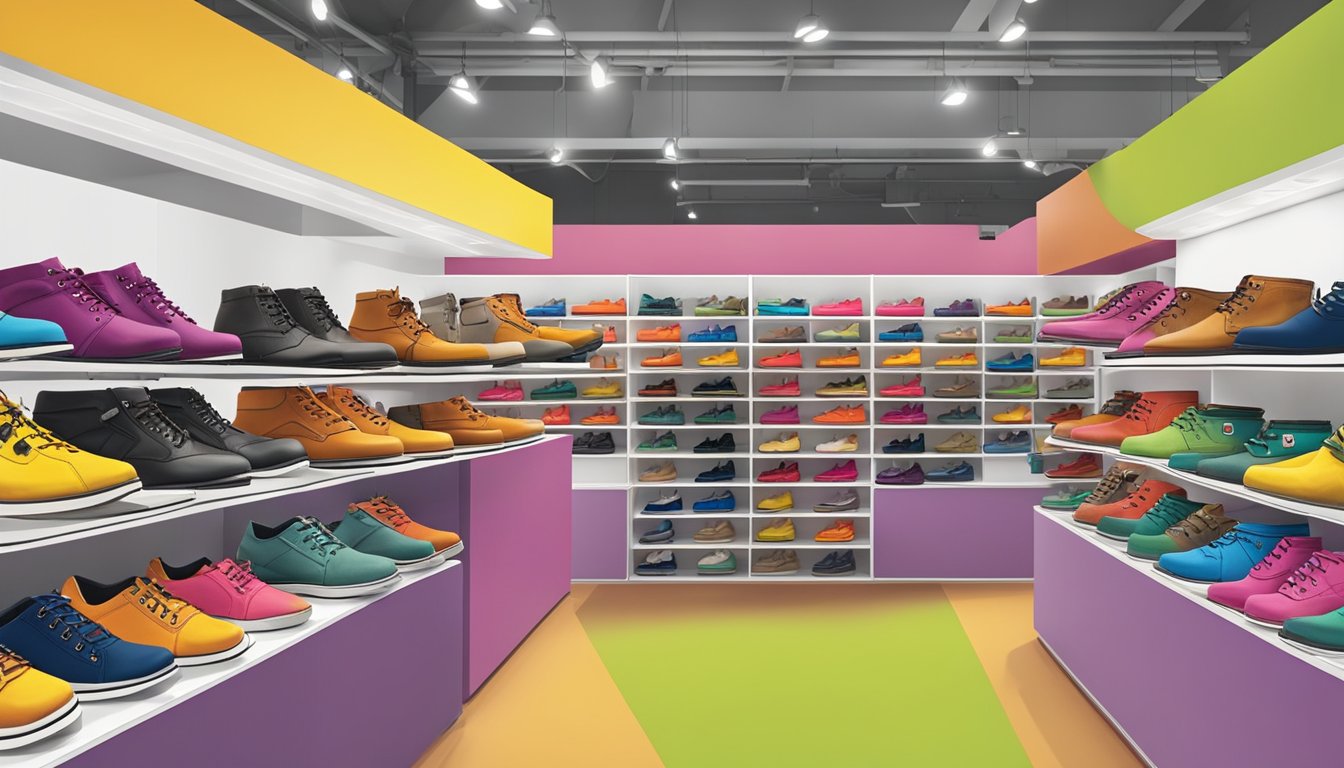 A storefront display of Caterpillar Footwear Collections in a bustling Singapore market. Brightly colored shoes and boots are arranged neatly on shelves, with a prominent sign indicating where to purchase the products