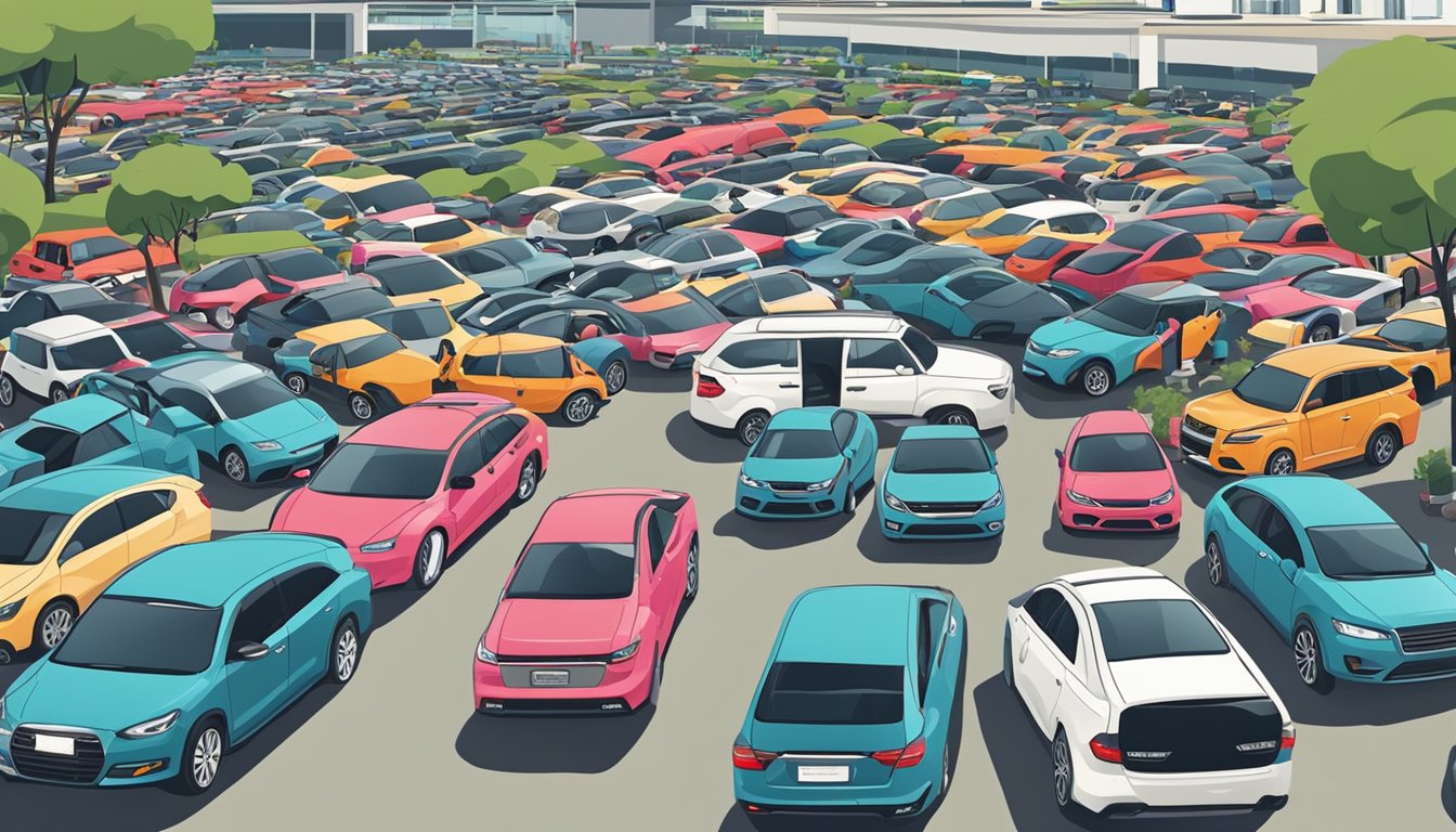A bustling Singapore car market with rows of second-hand vehicles, buyers inspecting cars, and salespeople negotiating prices