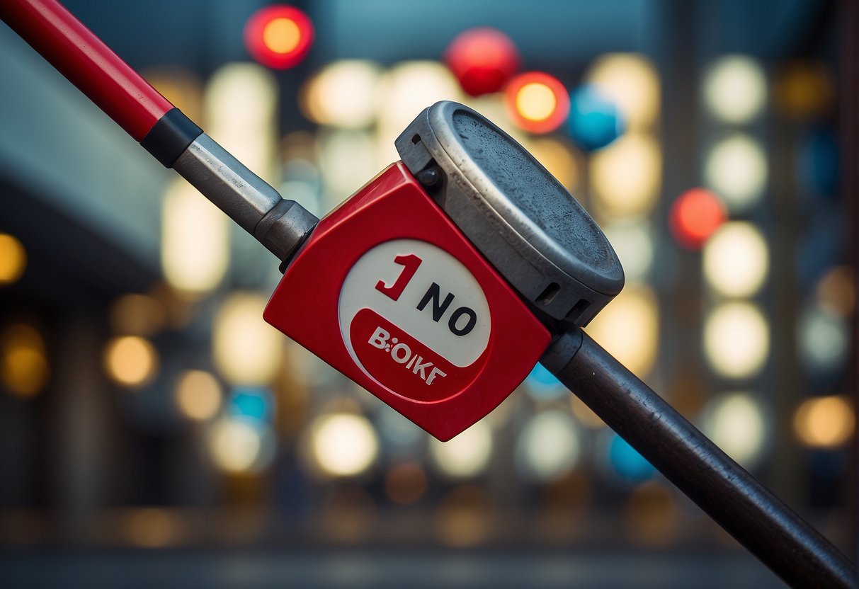 Un marteau suspendu dans les airs, entouré de panneaux d'avertissement et d'un symbole rouge « pas de bonking »