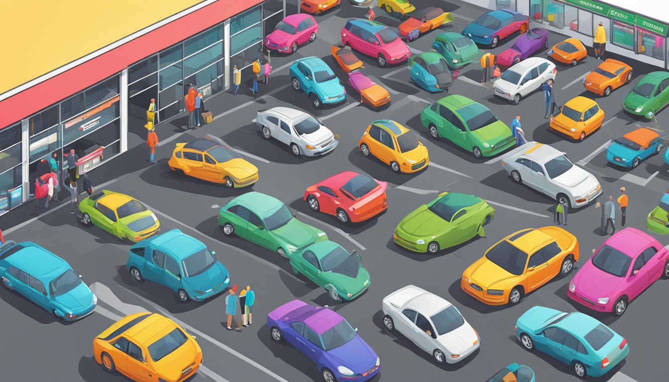 A bustling used car dealership with rows of vehicles, colorful signage, and a steady stream of customers browsing the lot