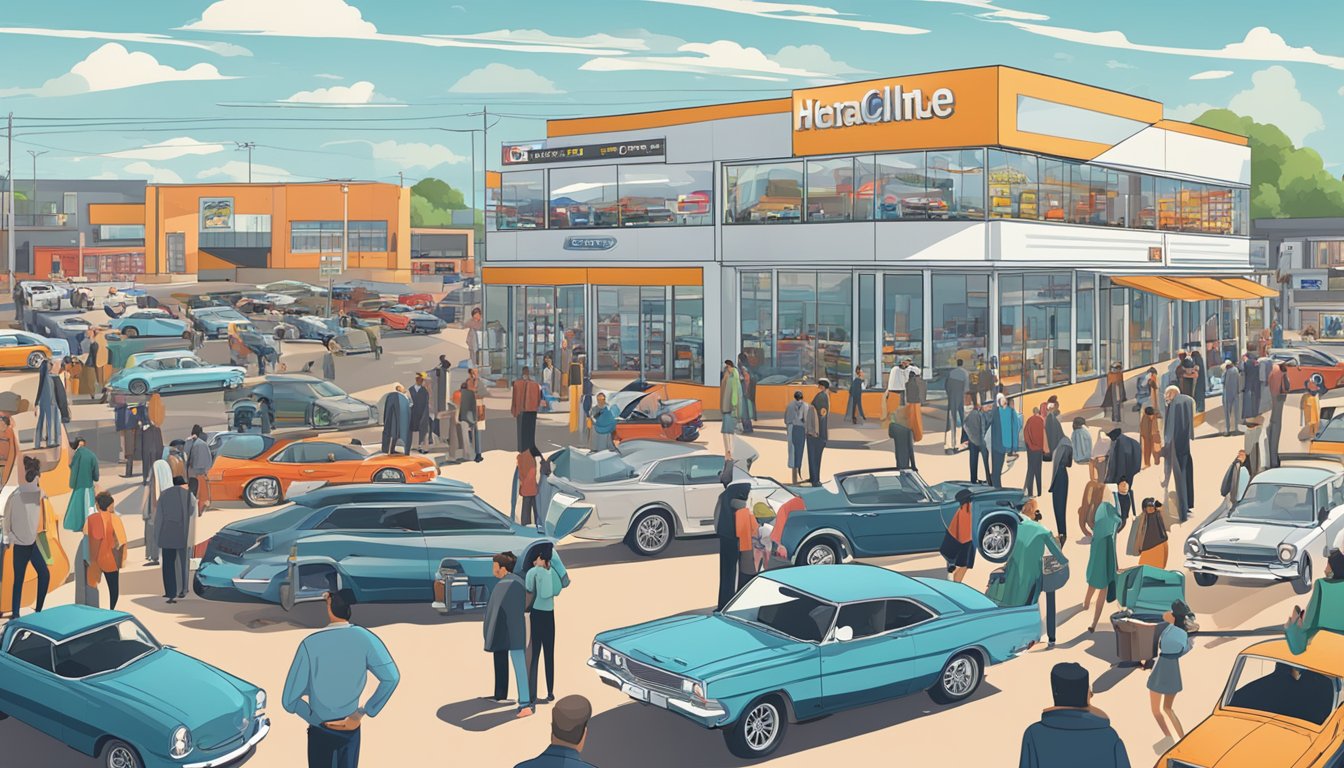 A crowded street with car dealerships, signs, and people browsing