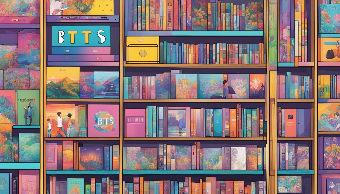 A colorful array of BTS albums displayed on shelves, with vibrant cover art and logos, surrounded by eager fans browsing and purchasing online