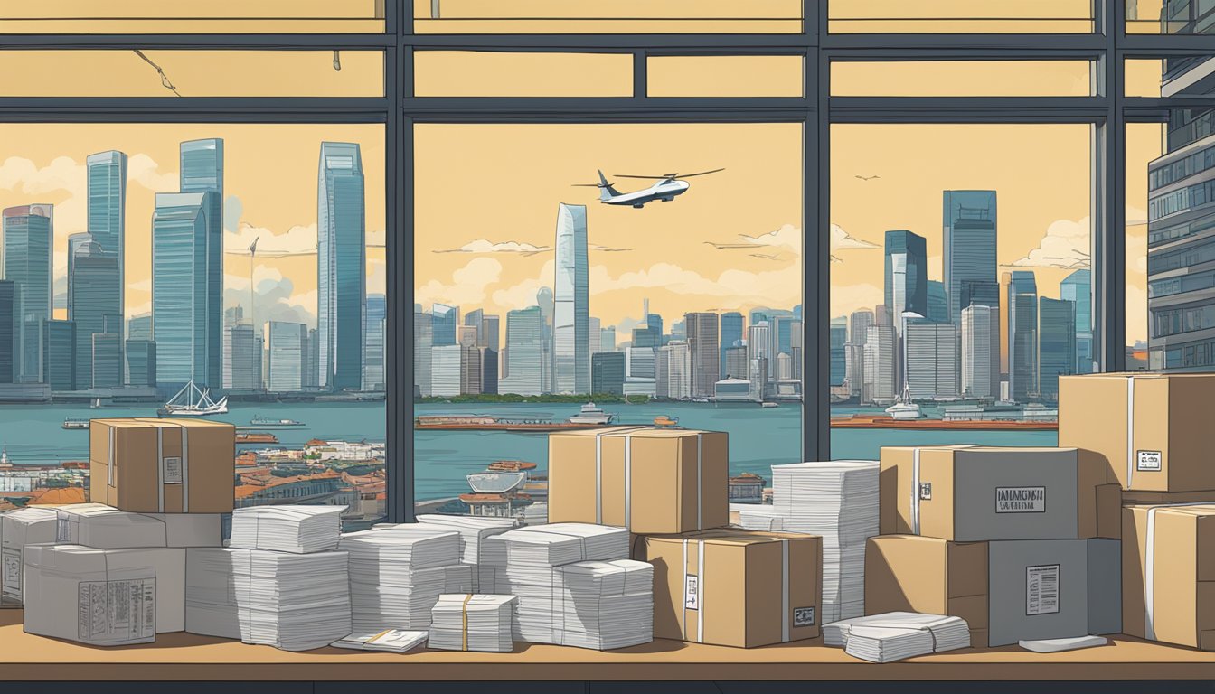 A package labeled "Ryukakusan" sits on a desk, surrounded by international shipping labels and customs forms. The Singapore skyline is visible through a nearby window