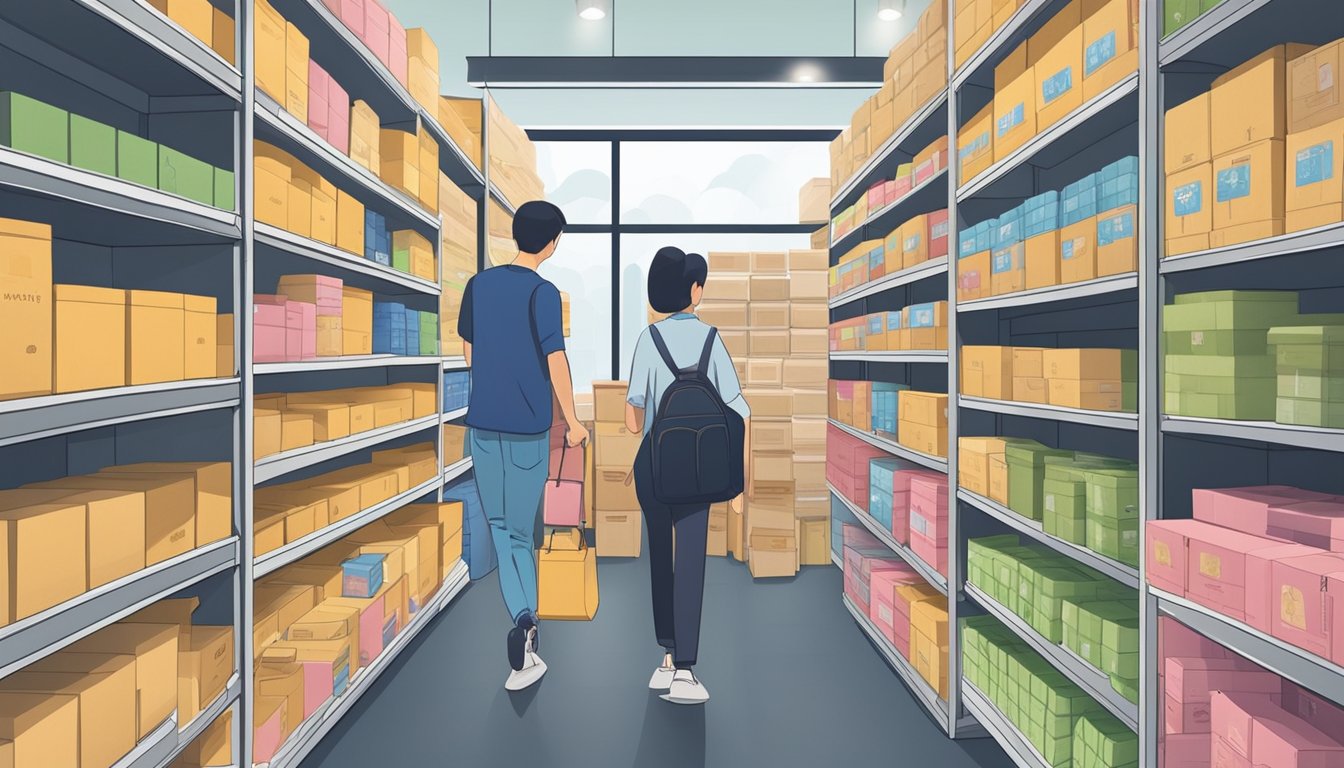 Shelves filled with Ryukakusan boxes in a Singaporean store. Customers browsing or purchasing the product
