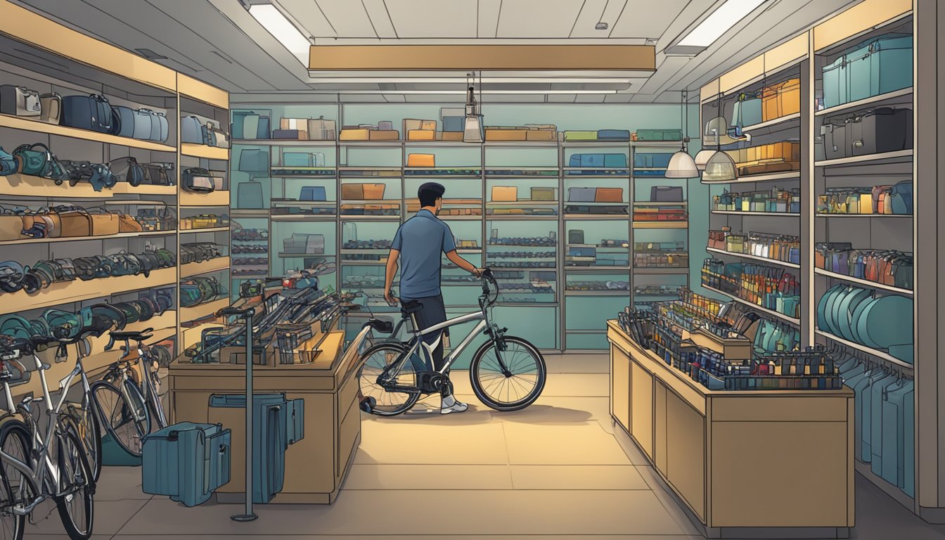 A bicycle shop in Singapore displays a variety of locks on shelves, with a salesperson assisting a customer in the background