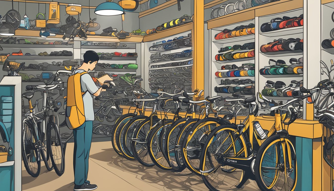 A customer browsing through various bicycle locks at a bike shop in Singapore, comparing different options and reading product labels for "Choosing the Right Lock for Your Bicycle."