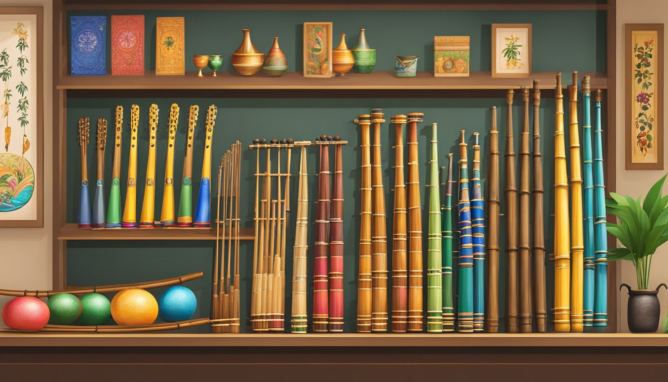 A bamboo flute is displayed on a wooden shelf in a traditional music shop in Singapore. The shop is filled with various musical instruments and colorful decorations