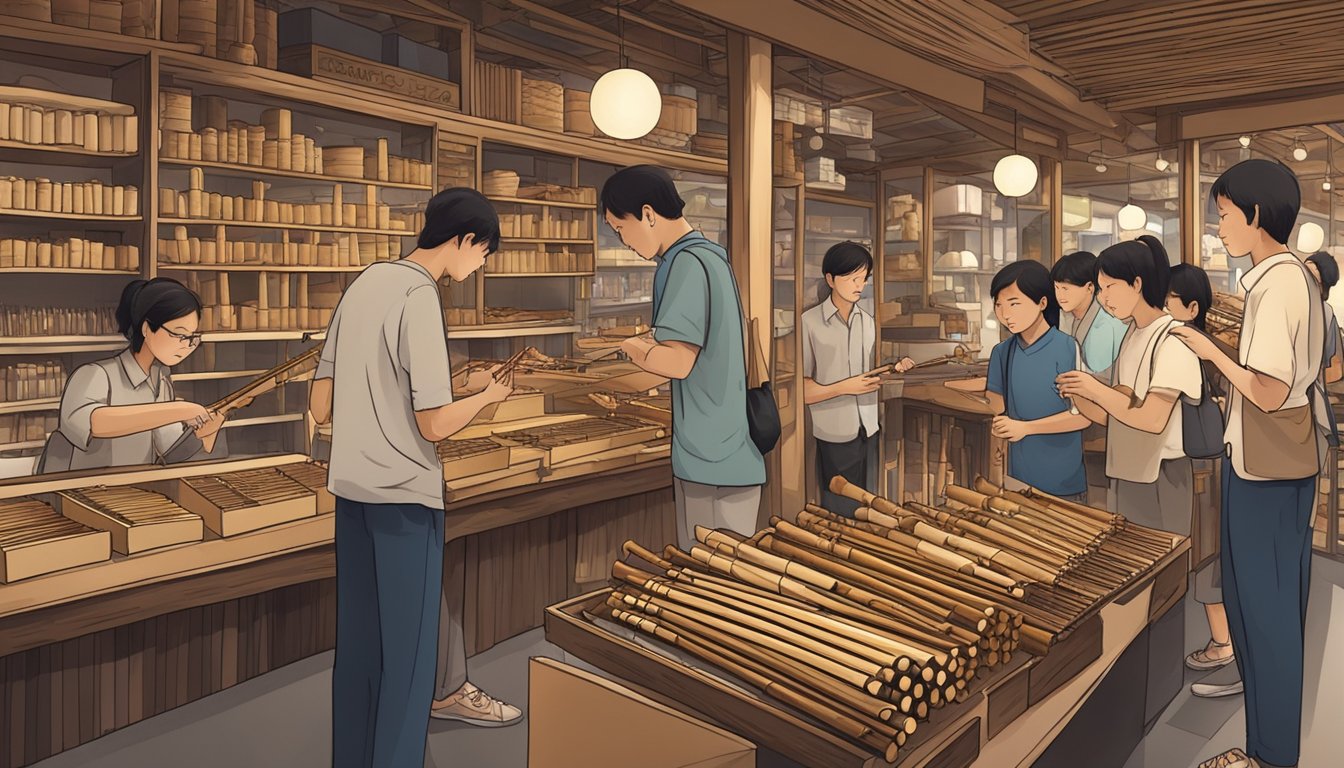 Bamboo flute shops in Singapore bustling with customers, displaying a variety of flutes in different sizes and designs. The shop owners are passionately demonstrating the sound and quality of each flute to interested customers