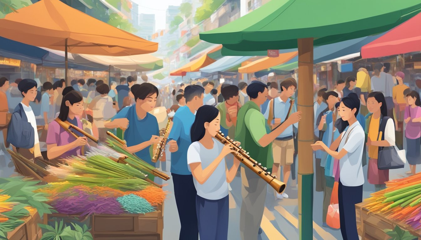 A bamboo flute displayed in a Singaporean market, surrounded by curious onlookers and colorful merchandise