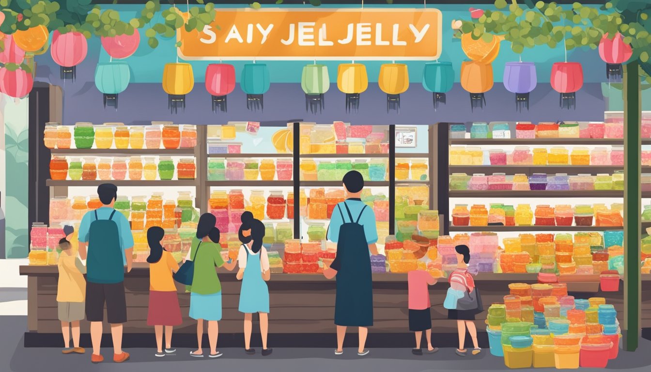 A bustling Singaporean market stall displays various jars of Aiyu jelly, with vibrant signage and eager customers sampling the refreshing treat