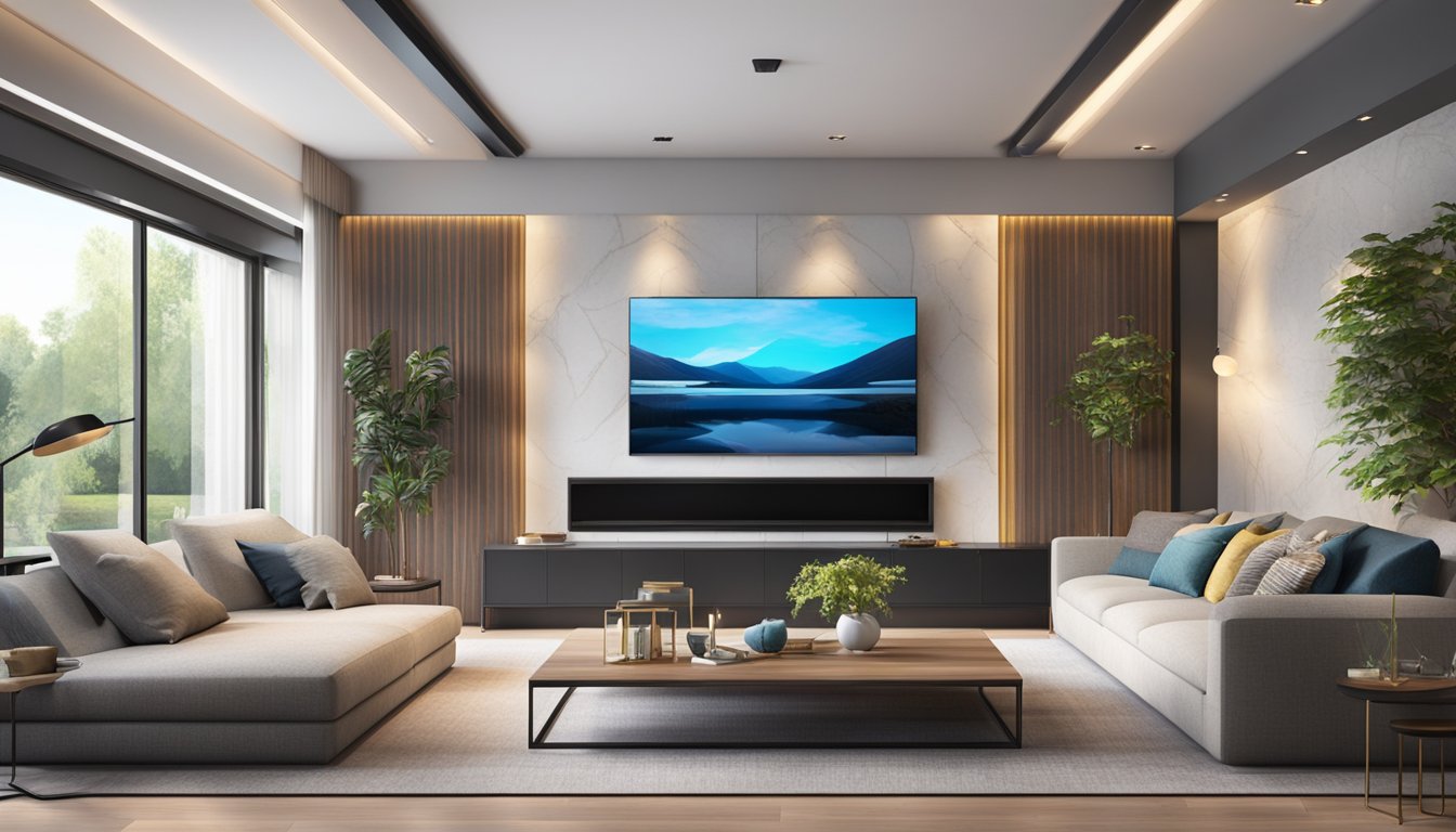 A family room with a sleek, modern TV mounted on the wall, surrounded by comfortable seating and a stylish entertainment center