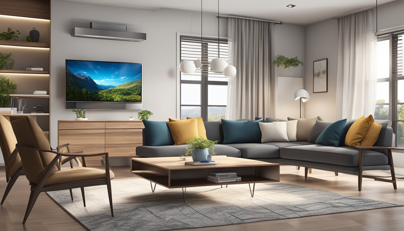 A living room with a sleek, modern TV mounted on the wall, surrounded by comfortable seating and a stylish entertainment center