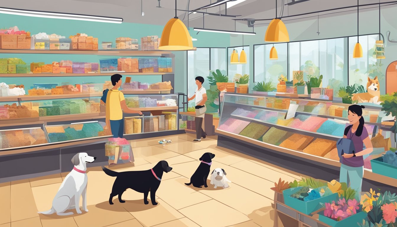 A bustling pet store in Singapore displays various breeds of dogs for sale. The shop is bright and clean, with happy customers browsing and interacting with the playful pups
