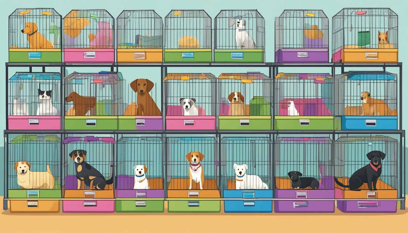 A variety of dogs stand in cages at a pet store in Singapore, with colorful signs indicating their breed, age, and price