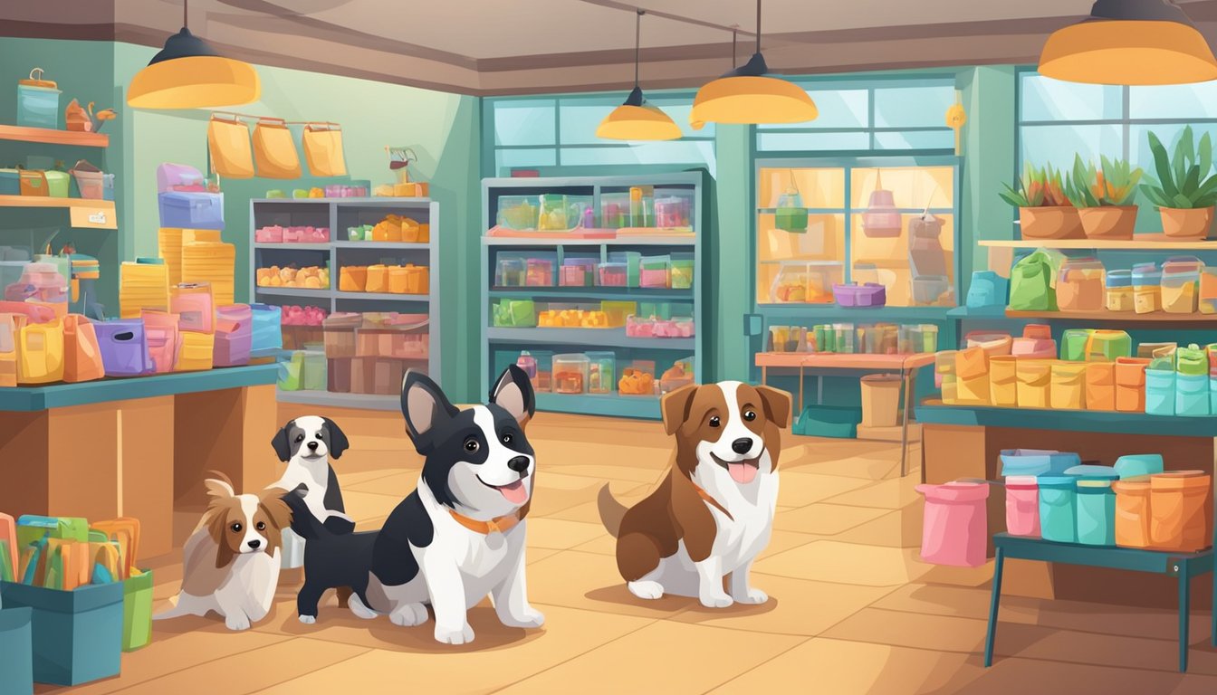 A cozy pet store with colorful displays of dog supplies, a cheerful staff assisting customers, and playful puppies in pens