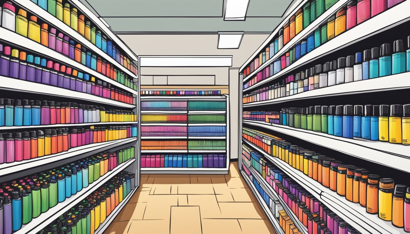 A bustling stationery store in Singapore displays a variety of Sharpie markers on its shelves, with colorful packaging and bold lettering catching the eye