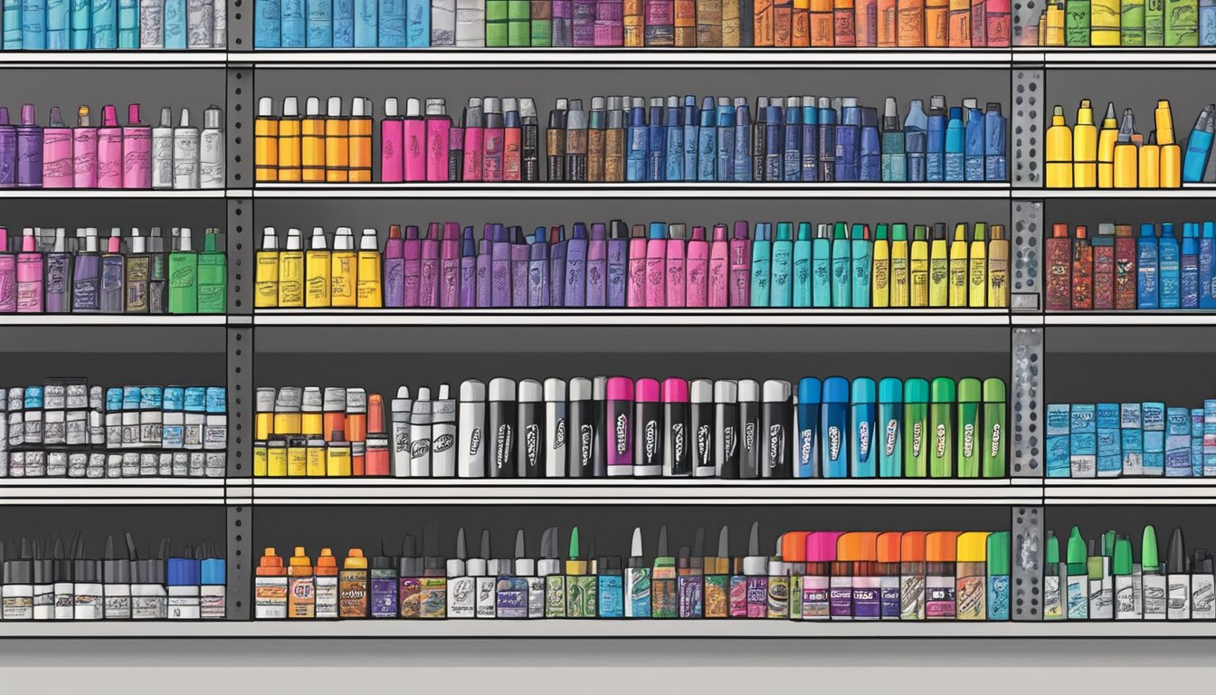 A display of various Sharpie markers on a store shelf, with labels indicating different uses and sizes. The store is brightly lit and organized