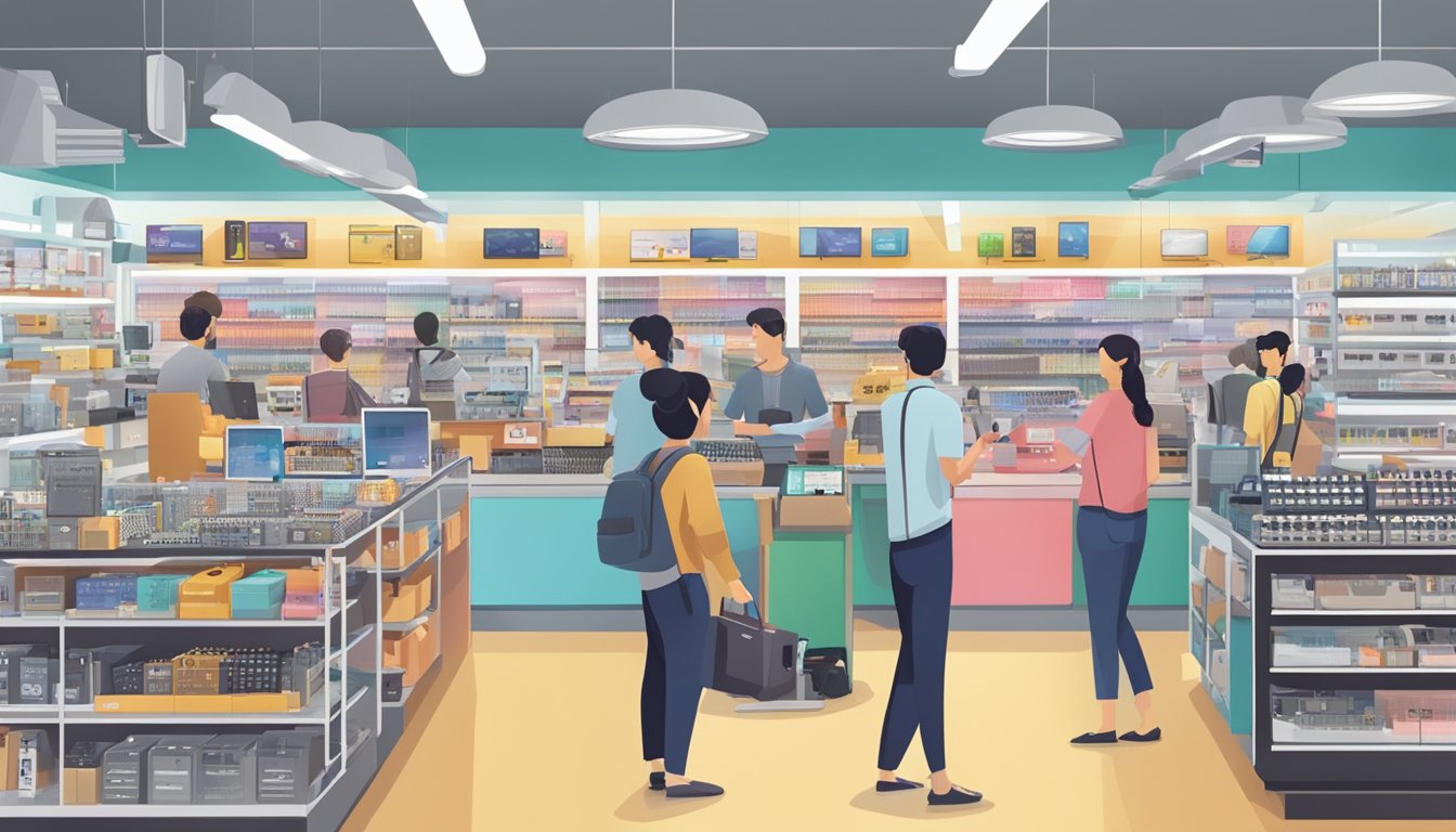 A bustling electronics store in Singapore, shelves lined with various wireless earpieces, customers browsing and trying out different models