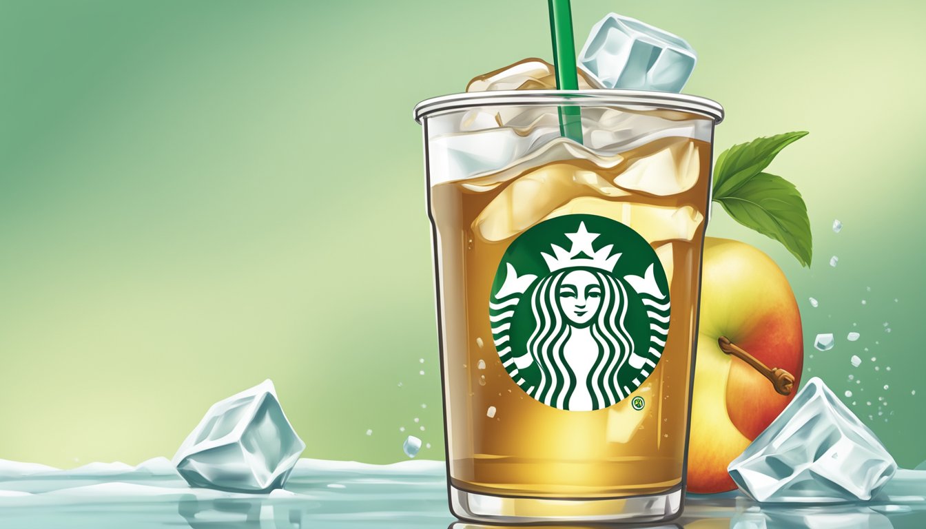 Starbucks apple juice pours into a clear glass over ice. A green straw sits at an angle in the glass. The Starbucks logo is visible on the bottle