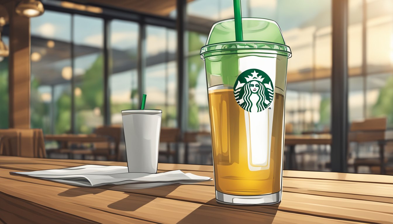 A tall glass filled with clear apple juice, adorned with the iconic Starbucks logo, sits on a wooden table with a green and white Starbucks-branded napkin underneath