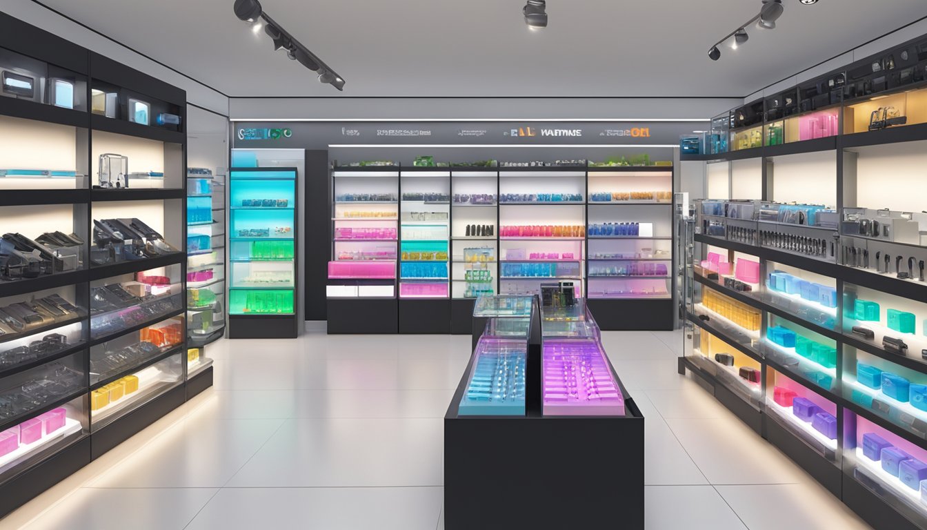 A display of various wireless earpiece options in a Singaporean electronics store. Brightly lit, organized shelves with different brands and models showcased
