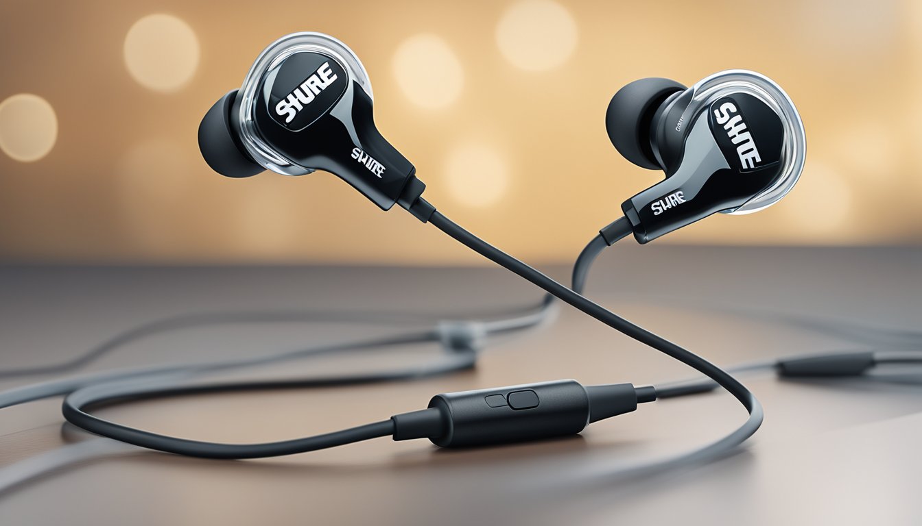 A pair of Shure SE215 earphones is showcased against a clean, modern backdrop, with the focus on the sleek design and advanced features