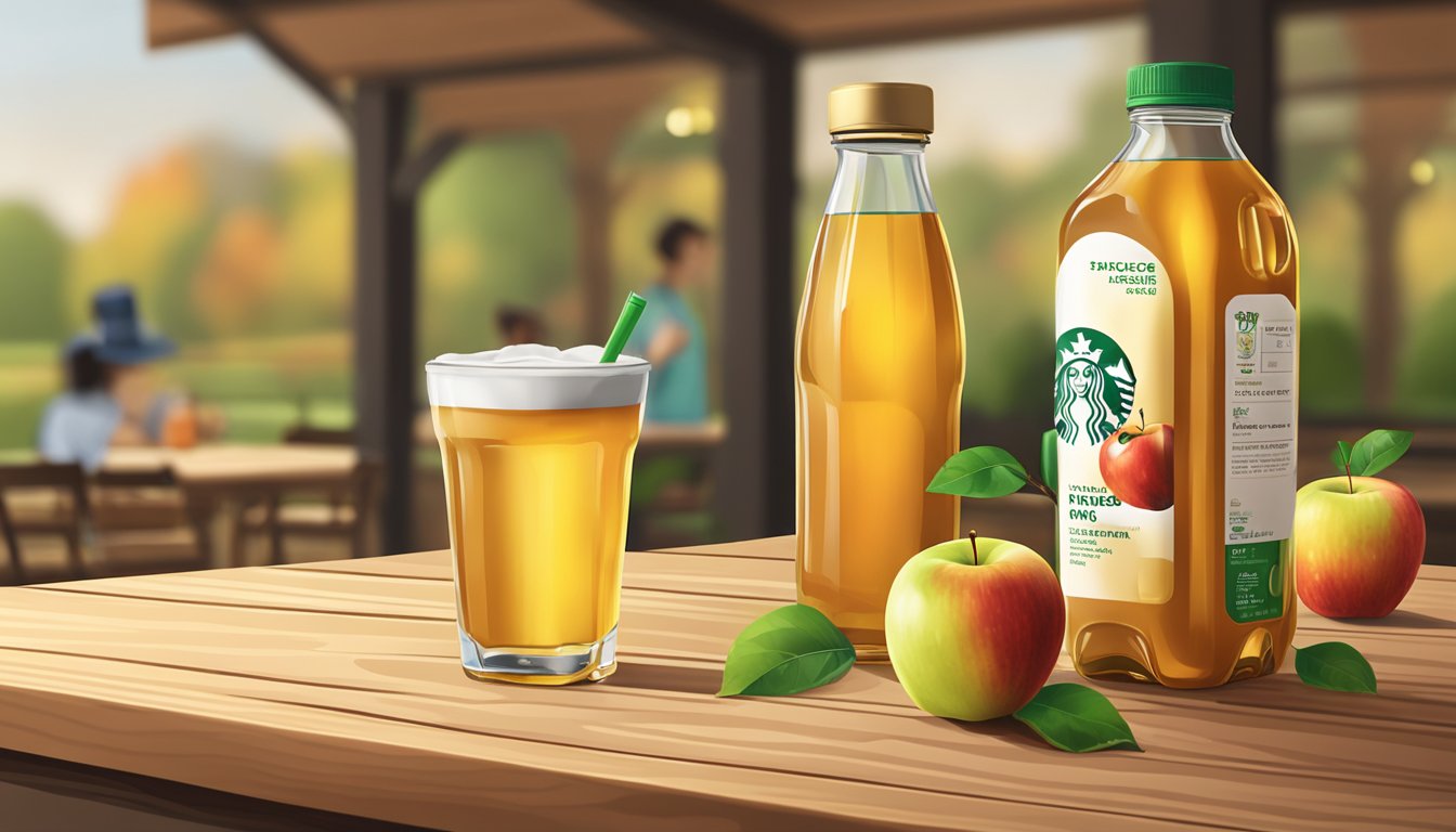 A bottle of Starbucks apple juice sits on a wooden table, surrounded by fresh apples and a glass filled with the golden liquid
