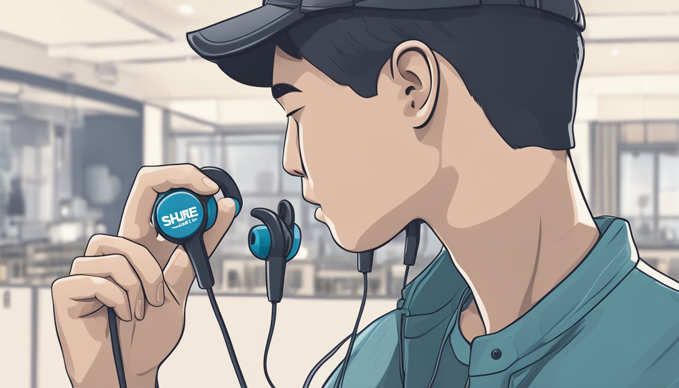 A person holding a pair of Shure SE215 earphones with a Singapore price tag in the background